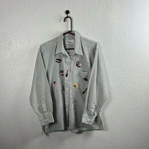 Mili Designs White Black Button-Up Shirt Embroidered Patches Artsy Sz L TC0573